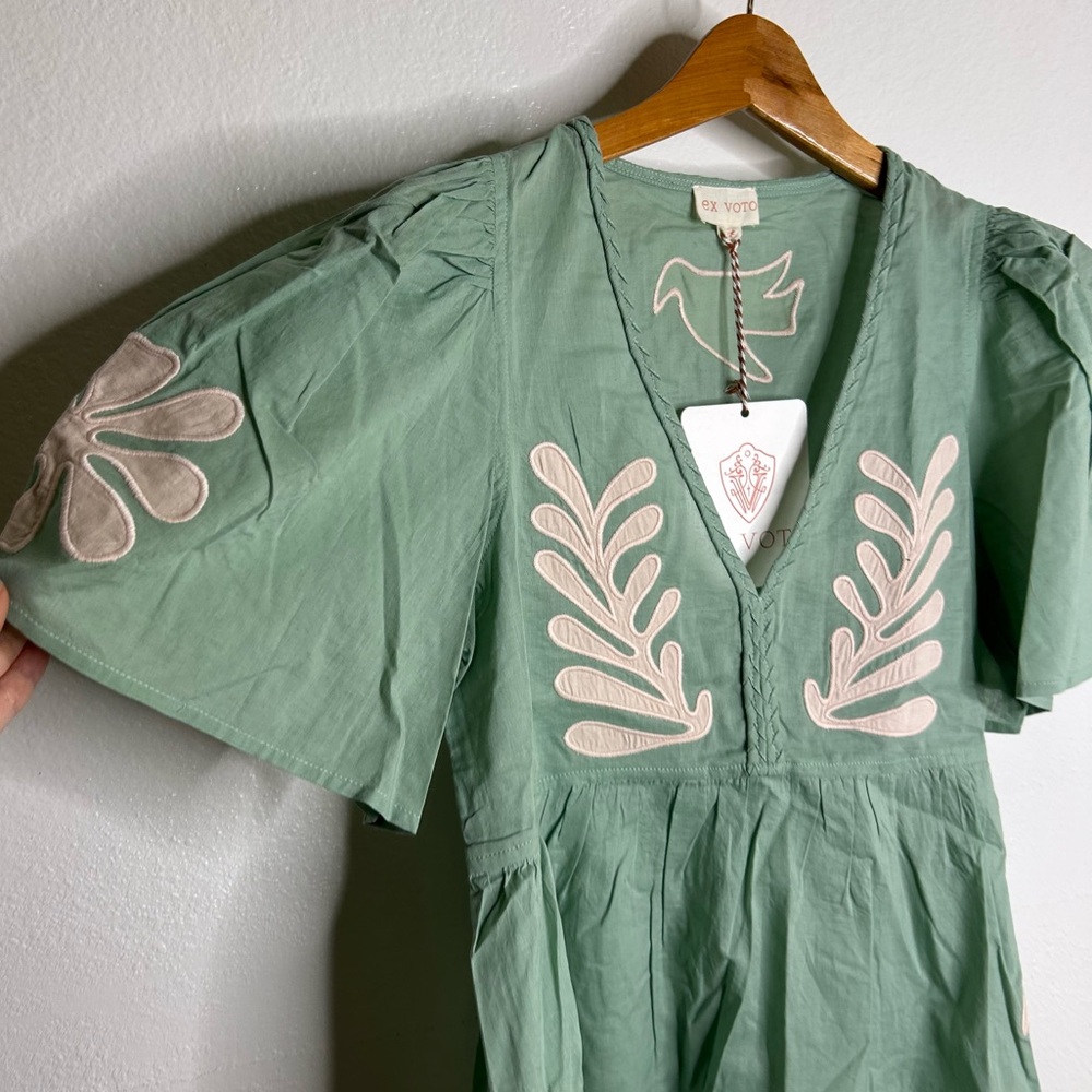NWT Ex Voto 100% Cotton Chloe Short Sleeve Blouse in Green - Picture 12 of 16